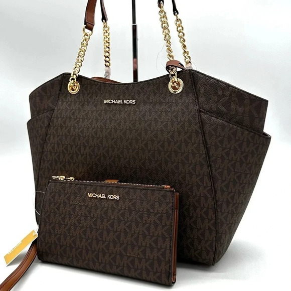 Michael Kors Large Jet Set Travel Chain Shoulder Bag & Double Zip Wallet Brown - Picture 2 of 15